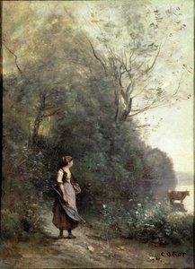 A Peasant Woman Grazing a Cow at the Edge of a Forest by Jean Baptiste Camille Corot