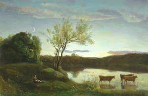 A Pond with three Cows and a Crescent Moon, c.1850