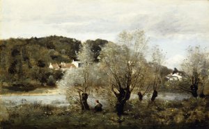Fisherman on the Edge of a Pond in the Village of Avary by Jean Baptiste Camille Corot