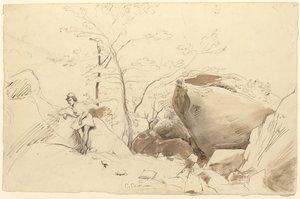 Fontainebleau, Figure Leaning Against a Rock by Jean Baptiste Camille Corot