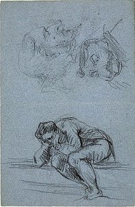Seated Figure with Head in Hands and Two Caricatures (recto); Four Figures in a Lunette (verso) by Jean Baptiste Carpeaux