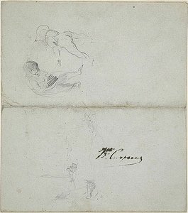Sketches of Two Children, Boats at Sea (front); Sketches of Striding Male Figure Holding Staff and Coastal Scene (back)