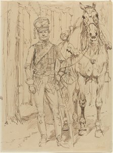 A French Hussar Leading a Horse by Jean Baptiste Edouard Detaille