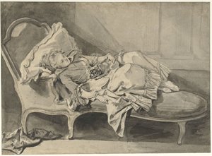 Madame Greuze on a Chaise-Longue with Her Dog by Jean Baptiste Greuze