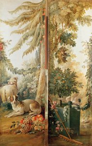 Salon of the Print-Maker Gilles Demarteau, Two Panels: 1. Dog and Sheep 2. Planted Orange Tree with Pecking Doves