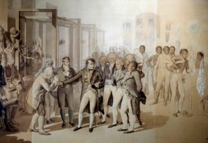 Napoleon Bonaparte, First Consul, visits the velvet factory of the Sevene brothers in Rouen, November 1802