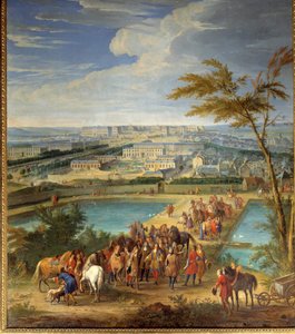 View of the city and the castle of Versailles taken from the hill of Montbauron, Louis XIV and Francois Michel le Tellier, Marquis de Louvois visit the new reservoirs by Jean Baptiste Martin
