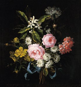 Bouquet of Chamomile, Roses, Orange Blossom and Carnations Tied with a Blue Ribbon