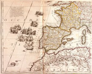 Map of the Western Mediterranean Countries: France, Spain, Portugal and North Africa, with the Balearic Islands, Corsica and Sardinia by Jean Baptiste Nolin