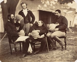 Group portrait at the Governor Generals Camp, L-R: Maj Jones, Mr. Walters, The Governor, 1858-61 by Jean Baptiste Oscar Mallitte