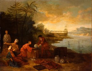 Asia - A European merchant buying porcelain from a Chinese trader by Jean Baptiste Oudry