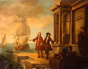 European Merchants with Stevedores Handling a Barrel and a Bale on a Quay by Jean Baptiste Oudry