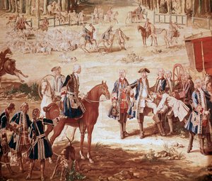 Hunt of Louis XV King Louis XV hunting in the forest of Compiegne (The Hunt of Louis XV - Tapestry) the start of the pack (detail) by Jean Baptiste Oudry