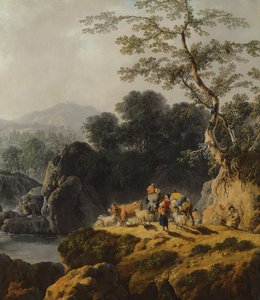 A River Valley Landscape with Herdsmen and Travellers by Jean Baptiste Pillement