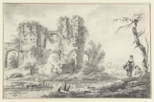 Ruin by a River with a Boy and a Girl on the Right by Jean Baptiste Pillement