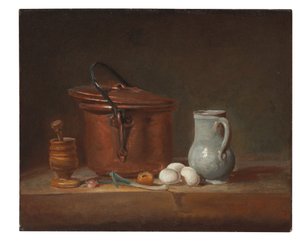 A copper saucepan, a pestle and mortar, a pitcher, a scallion, eggs and an onion on a shelf
