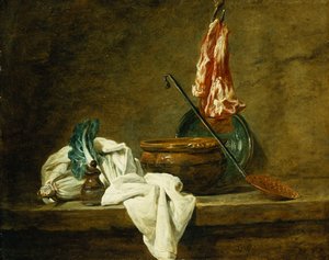 Beets, a Spice Box, a Dishcloth, a Pot, a Glazed Earthenware Plate, a Skimmer, with Meat on a Hook, on a Ledge