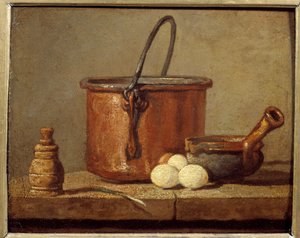 Kitchen Utensils, Cauldron, Poelon and Eggs by Jean Baptiste Simeon Chardin