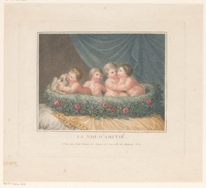 Four Putti with a Dog in a Basket of Roses on a Cushion