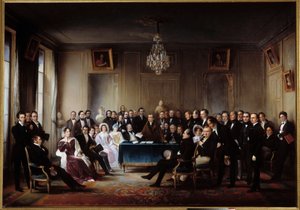 The poet and playwright Francois Guillaume Andrieux reading his tragedy Junius Brutus in the foyer at the Comedie Francaise on 26/05/1828. Among the presents Alexandre Dumas, Pierre Nicolas Michelot, Jean Francois Becquerel, Firmin, Victor Hugo, Eugene