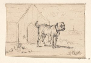 Leashed Dog, Standing in Front of Its Kennel by Jean Bernard
