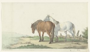A Brown and White Horse on a Road Next to a Fence by Jean Bernard
