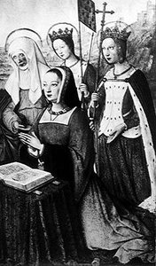 Anne of Brittany with St. Anne, St. Ursula and St. Helen, miniature from the Grandes Heures of Anne of Brittany, c.1503-8