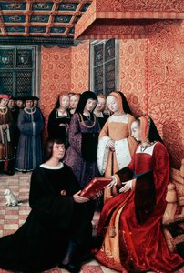The poet Jean Marot handing over his work Voyage to Genoa to Anne of Brittany, ca 1508, miniature by Jean Bourdichon