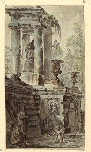 Architectural Fantasy with Figures Bathing by Jean Charles Delafosse