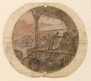 Design for a Painted Porcelain Plate, Loading or Unloading Goods