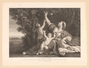 Mother with Child at the Breast While Picking Pomegranates for Her Children. Human Charity. by Jean Daullé