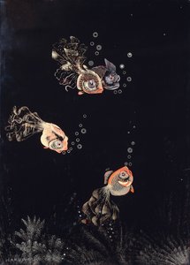 A lacquered panel by Jean Dunand, depicting an underwater scene with red and gold fish blowing air bubbles by Jean Dunand