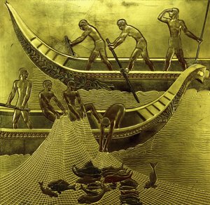A lacquered panel depicting fishermen drawing their nets