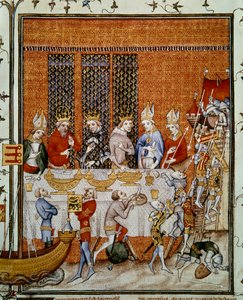 Banquet offered by King Charles V of France at the Palace of the Cite in honor of Emperor Charles IV and Wencesla IV king of Bohemia. Miniature from 