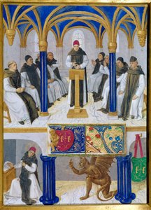 Representation of Saint Bernard of Clairvaux (1090-1153) tempted by the devil. Miniature taken from 