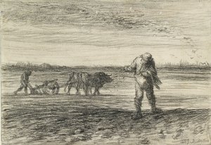 Man ploughing and another sowing