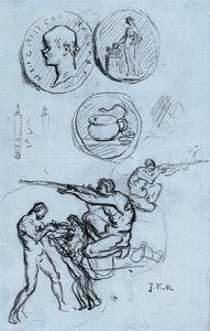Three studies for antique coins, hunters, and a man with a lion by Jean Francois Millet