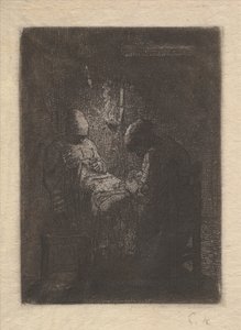Two Women Sewing by Lamplight, ca. 1853 by Jean Francois Millet