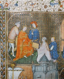 Historian Froissart on his knees, clad in clerical garb, presents his Chronicles of the Hundred Years War to Edward III