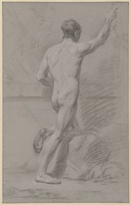 Standing Male Nude, Left Knee on a Rock, Right Arm Raised
