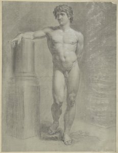 Standing Male Nude, Right Arm on a Broken Column, Front View by Jean Grandjean