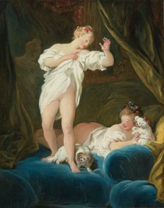 Two Girls on a Bed Playing with Their Dogs by Jean-Honore Fragonard