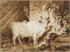 White Bull and a Dog in a Stable by Jean-Honore Fragonard
