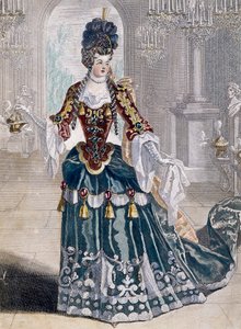 Portrait of Mademoiselle Desmatins, musician at Opera, engraving by Jean Berain