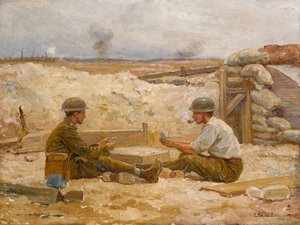 Two British officers playing cards outside their dugout, Secteur de Bapaume by Jean Jacques Berne Bellecour