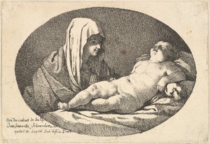 The Virgin at left watching the infant Christ as he sleeps, an oval composition