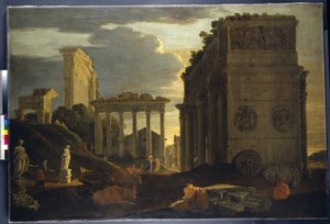 Capriccio view with figures by a triumphal arch and the Temples of Saturn and Jupiter Tonans by Jean Lemaire