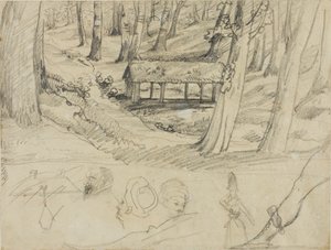 Forest Interior with Thatched Hut, and Other Sketches