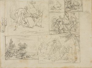 Three Studies with Sketches of a Wooded Landscape and a Cavalry Battle