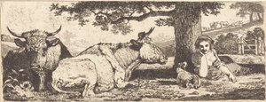 Two Cows and a Woman Lying Down